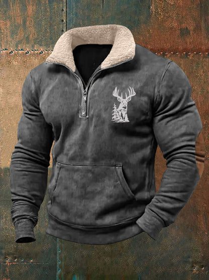 Men's Retro Western Deer Antlers Print Fur Collar Casual Zipper Sweatshirt