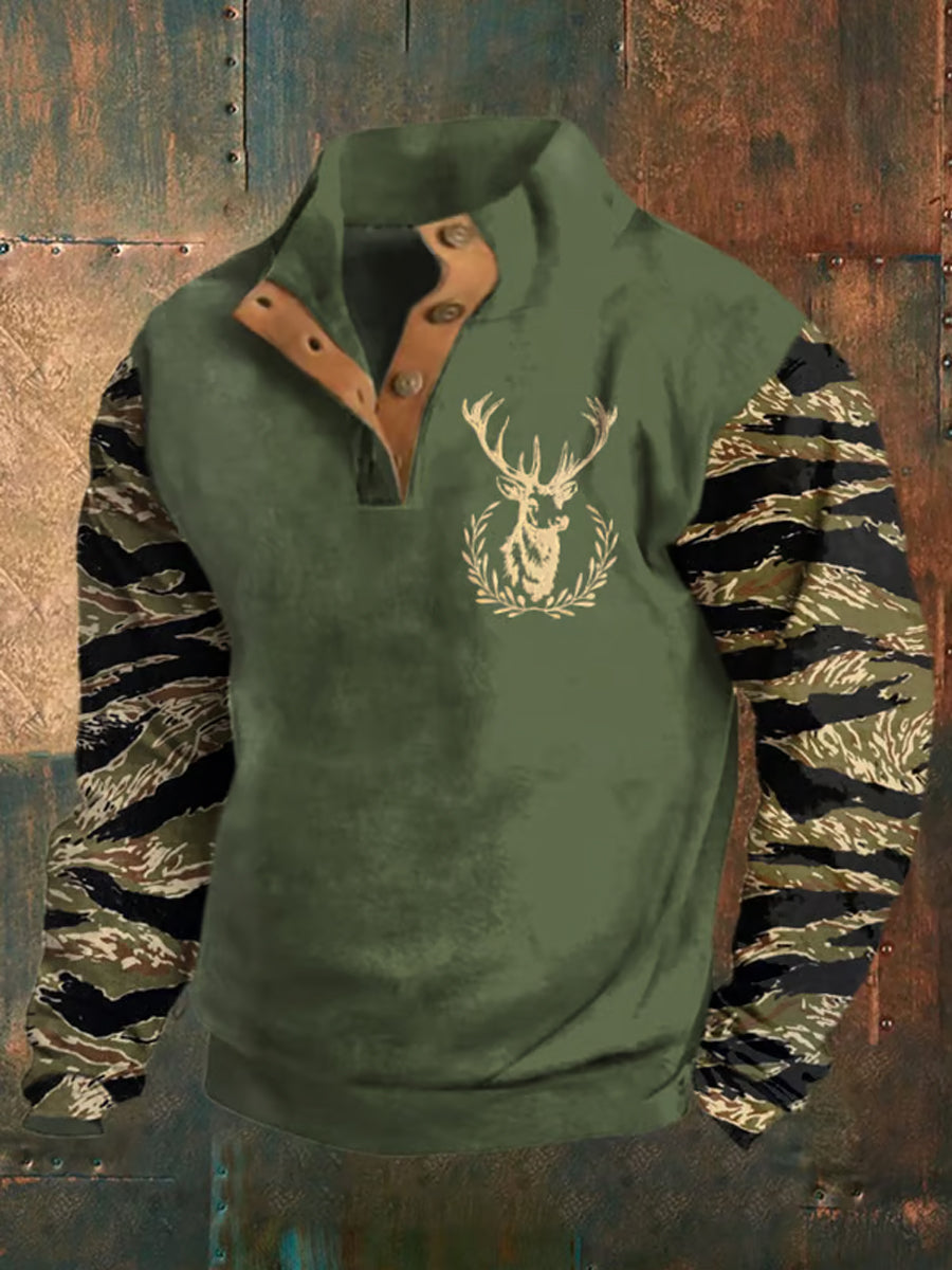 Men'sRetro Western Deer Head Leopard Print Casual Button Sweatshirt
