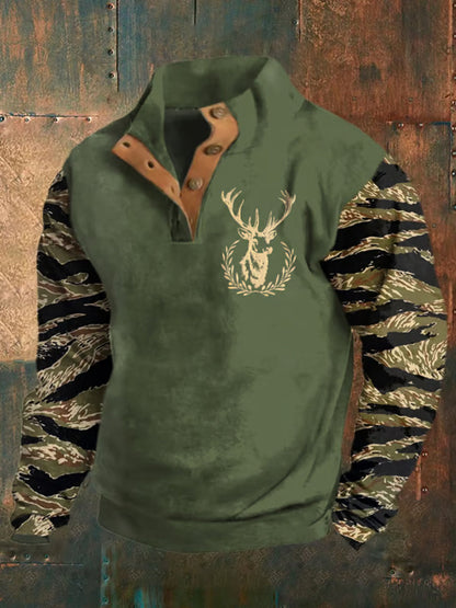 Men'sRetro Western Deer Head Leopard Print Casual Button Sweatshirt