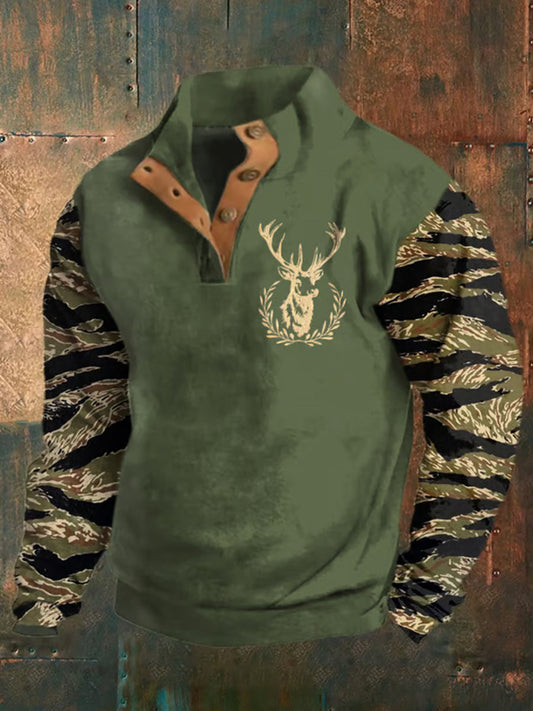 Men'sRetro Western Deer Head Leopard Print Casual Button Sweatshirt