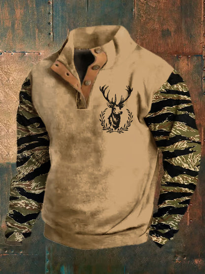 Men'sRetro Western Deer Head Leopard Print Casual Button Sweatshirt
