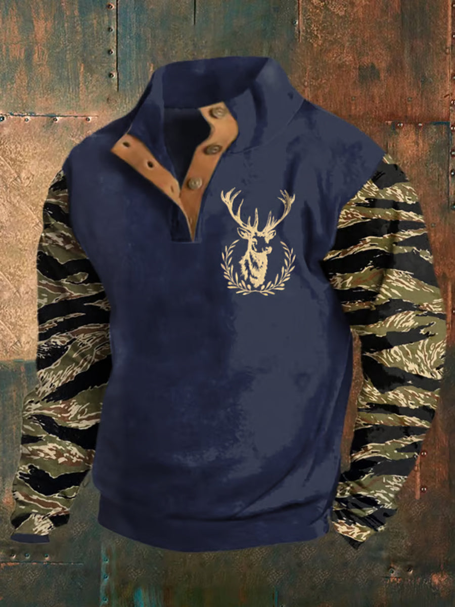 Men'sRetro Western Deer Head Leopard Print Casual Button Sweatshirt