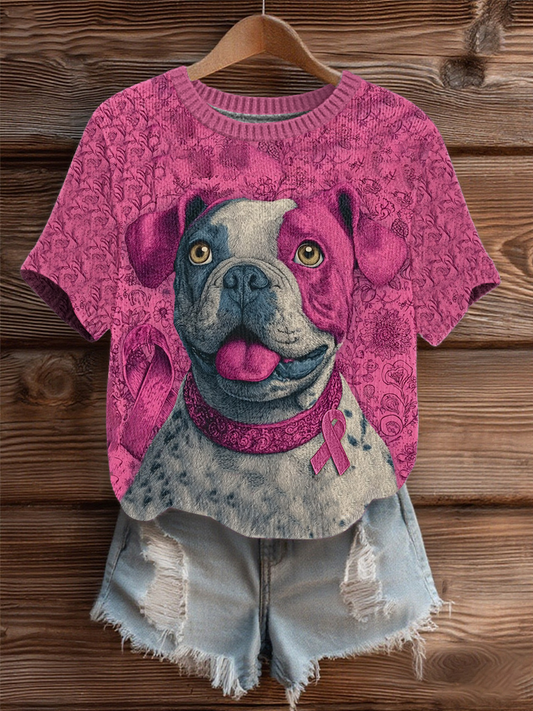 Women's Breast Cancer Patchwork Dog Art Cozy Knit Top