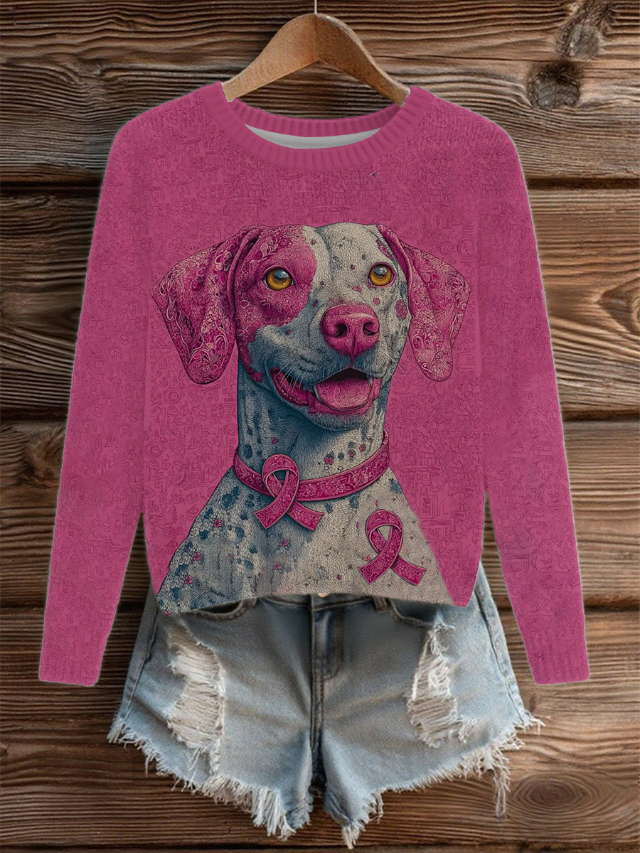 Women's Breast Cancer Patchwork Dog Art Knitted Sweater