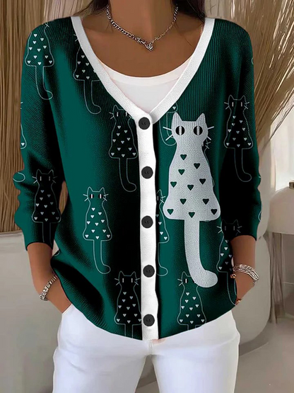 Women's CAT Breast Cancer Awareness Print Buttoned V-neck Cardigan Sweater