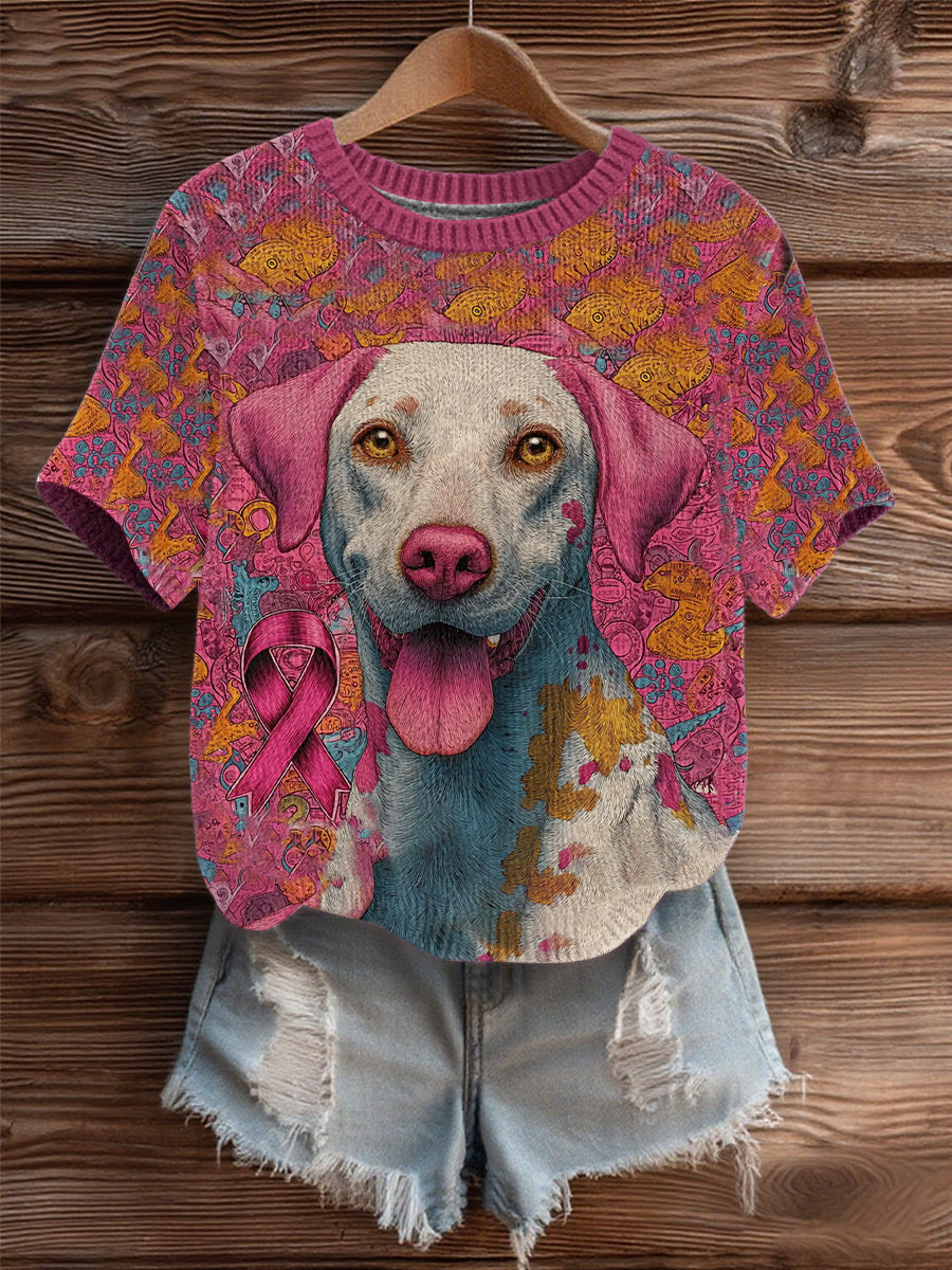 Women's Breast Cancer Patchwork Dog Art Cozy Knit Top