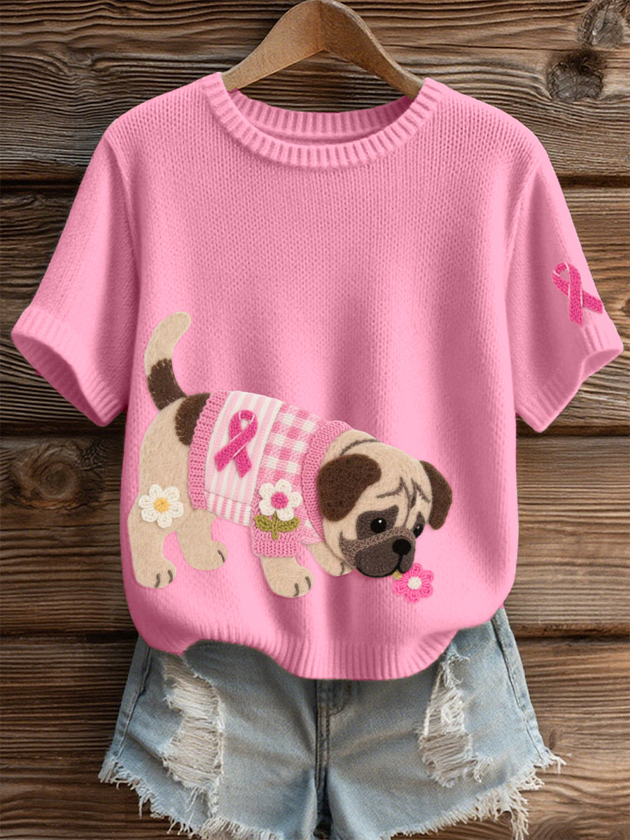 Women's Felt Art Pug Pattern Cozy Knit Top