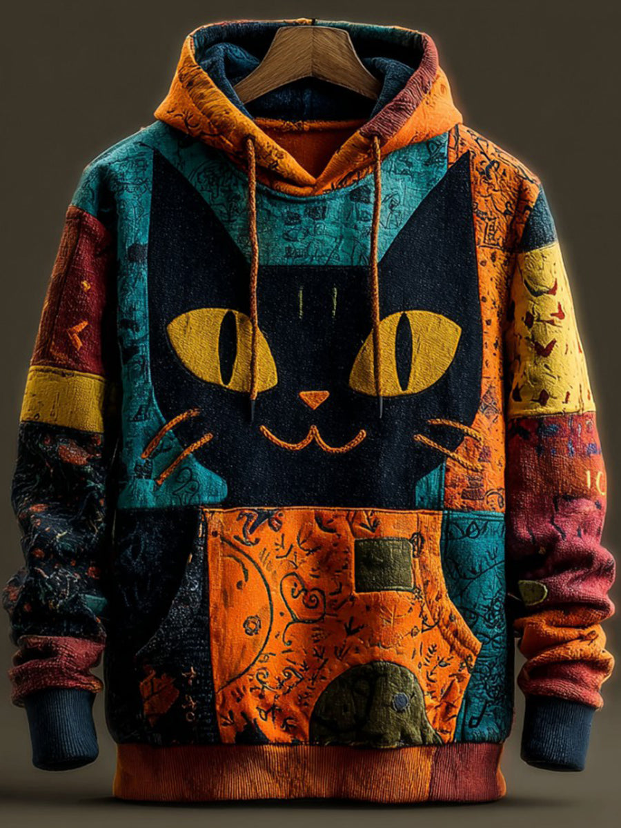 Vintage Halloween Patchwork Black Cat Print Art Casual Hoodie
