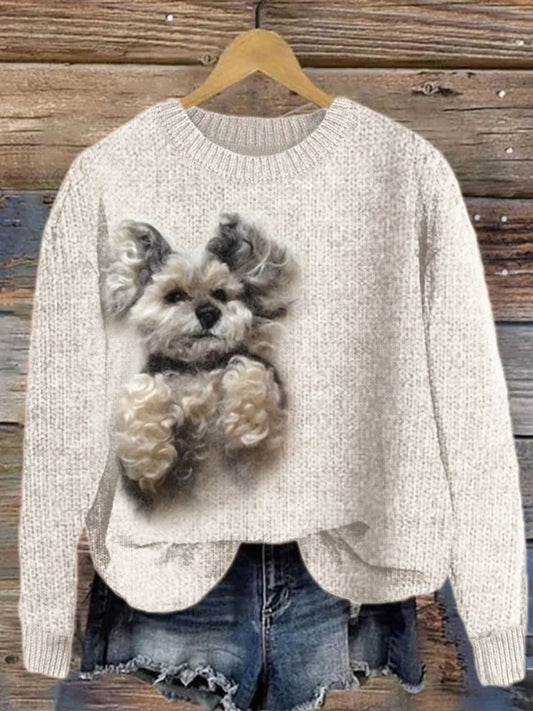 Women's Cute Knit Dog Crew Neck Cozy Sweater