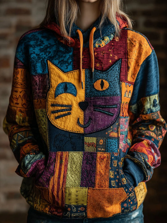 Vintage Halloween Patchwork Black Cat Print Art Casual Hoodie