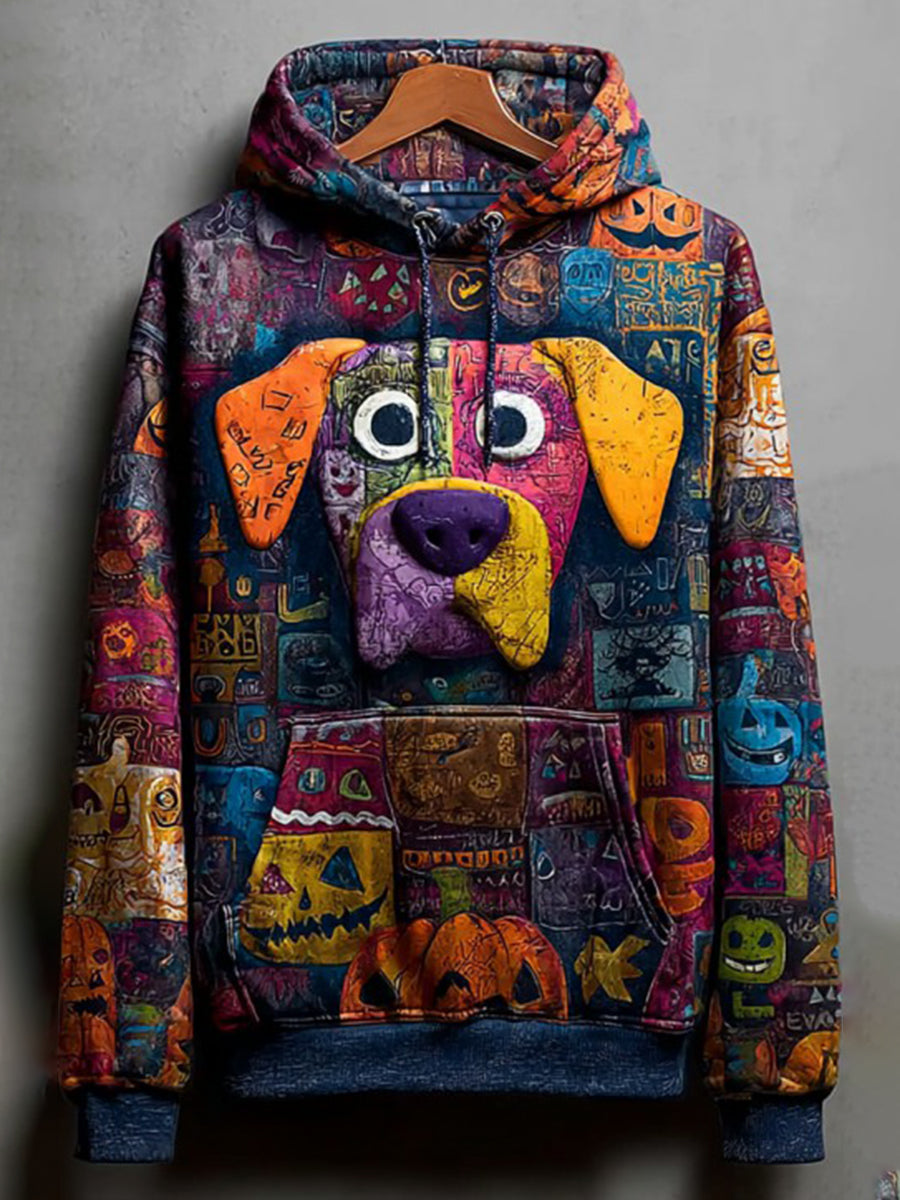 Vintage Halloween Patchwork Dog Print Art Casual Hoodie