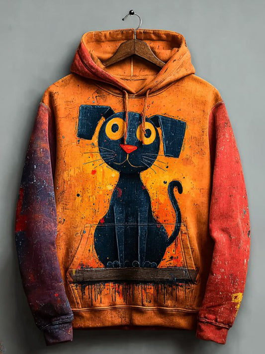 Vintage Halloween Patchwork Black Cat Print Art Casual Hoodie