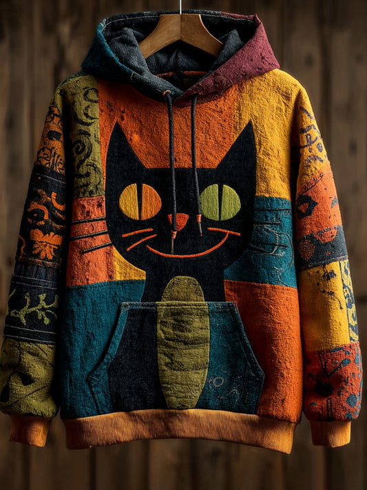 Vintage Halloween Patchwork Black Cat Print Art Casual Hoodie