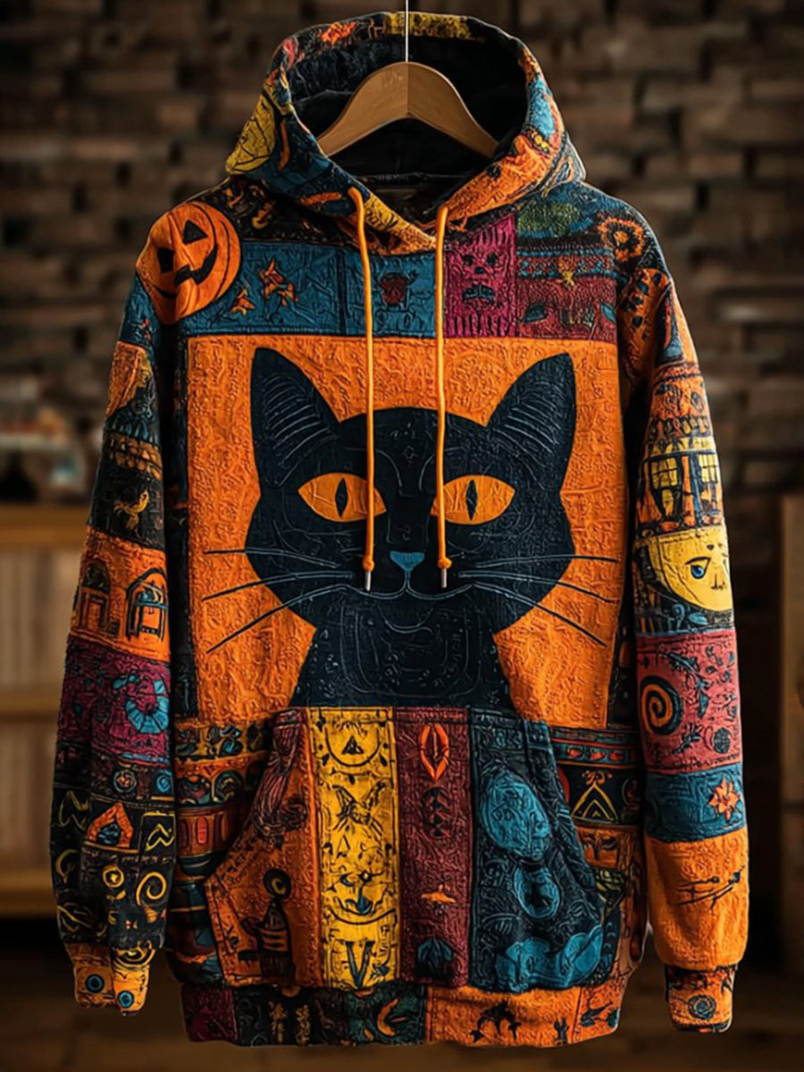 Vintage Halloween Patchwork Black Cat Print Art Casual Hoodie