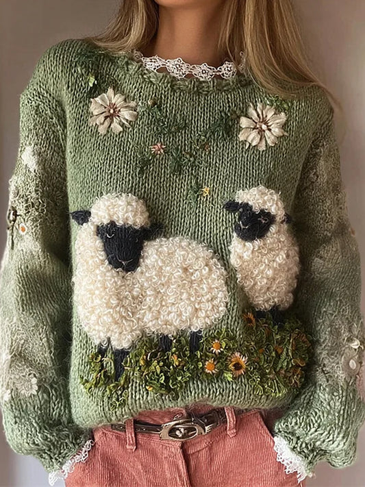 Women's Cute Fuzzy Sheep Printed Cozy Regular Sweatshirt