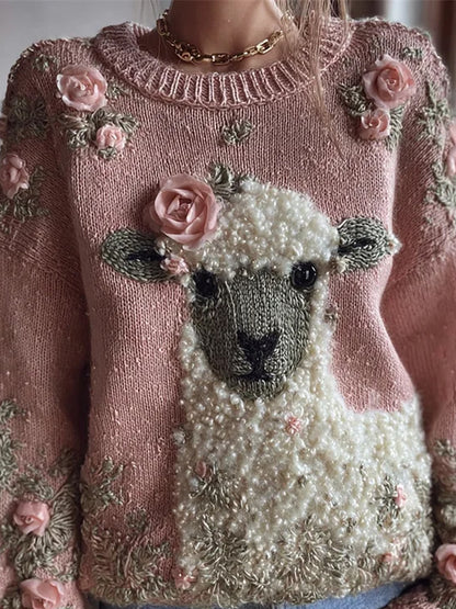 Women's Cute Fuzzy Sheep Printed Cozy Regular Sweatshirt