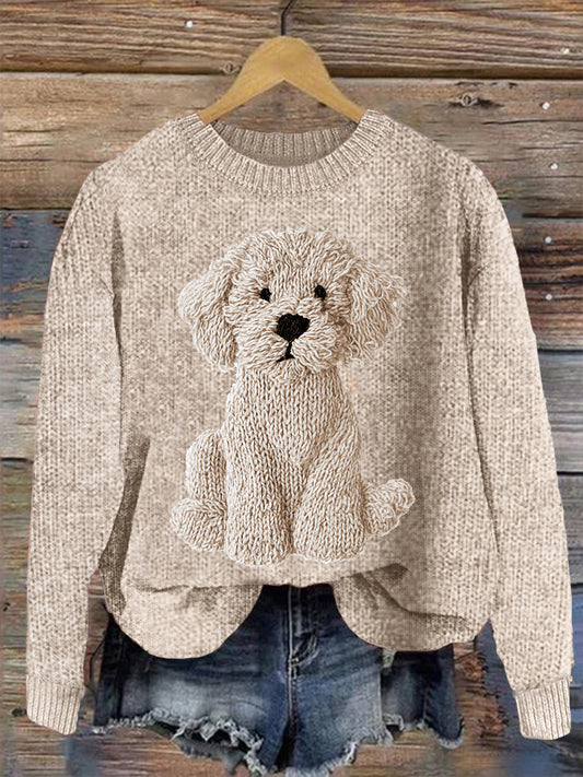 Women's Vintage Fuzzy Dog Felt Cozy Knit Sweater