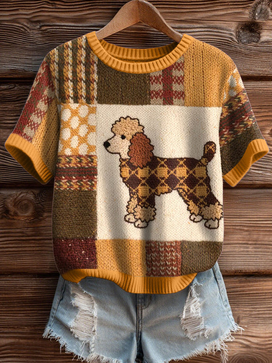 Women's Vintage Poodle Dog Pattern Cozy Knit Top