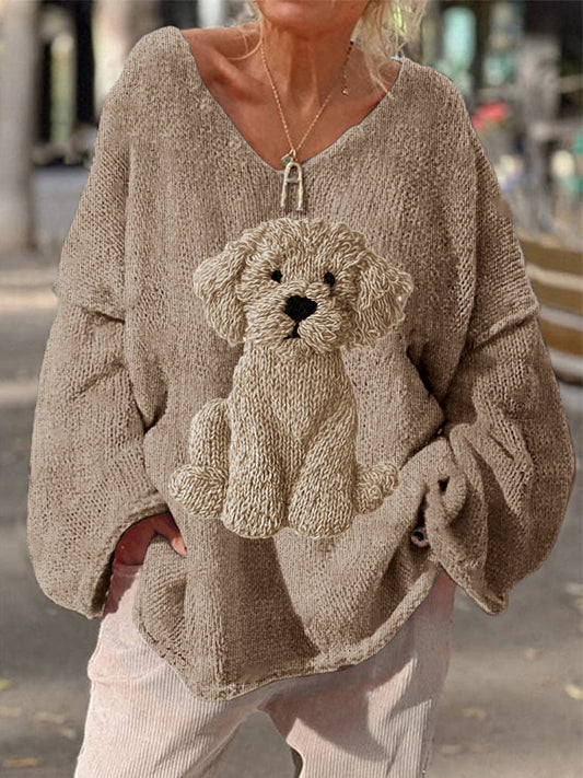 Women's Vintage Fuzzy Dog Felt Cozy Knit Sweater