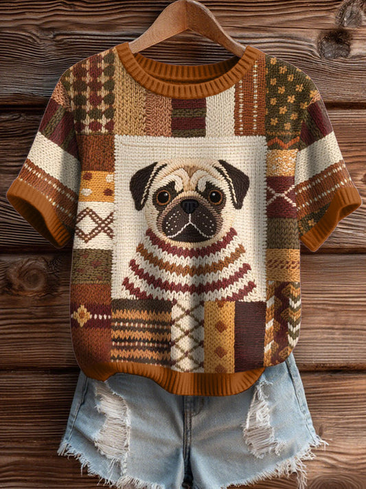 Women's Vintage Pug Pattern Cozy Knit Top