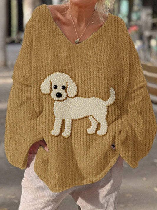 Women's Vintage Fuzzy Dog Felt Cozy Knit Sweater