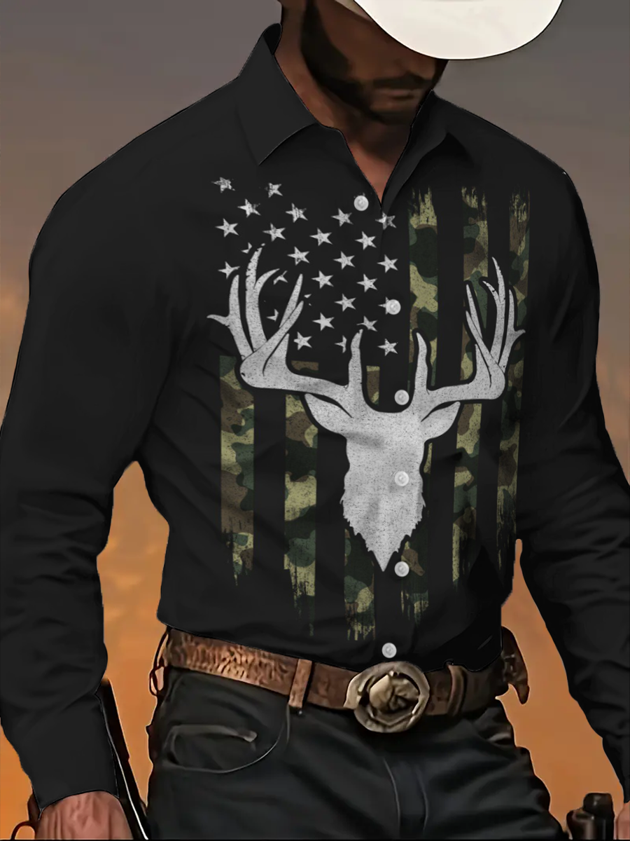 Men's Retro Western Style Elk Art Printed Shirt