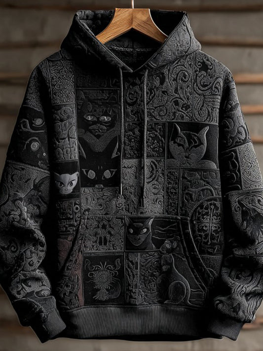 Vintage Halloween Black Cat Print Art Casual Hoodie