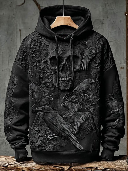 Vintage Halloween Crow Skull Print Art Casual Hoodie
