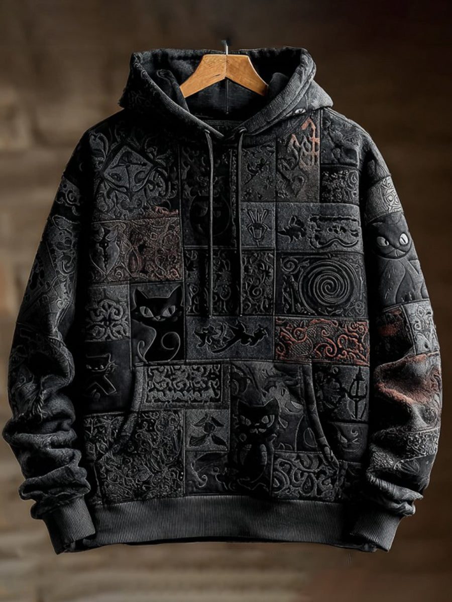 Vintage Halloween Black Cat Print Art Casual Hoodie