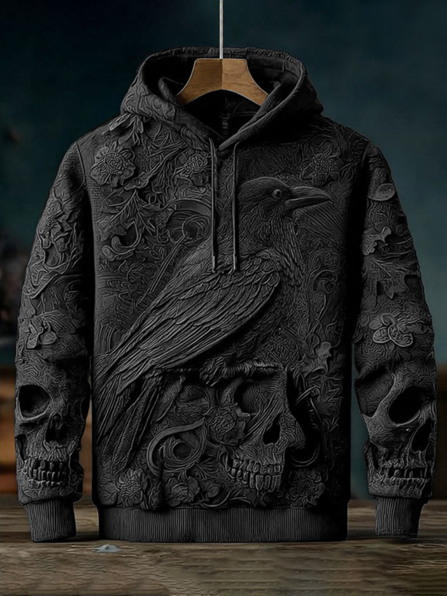 Vintage Halloween Crow Skull Print Art Casual Hoodie