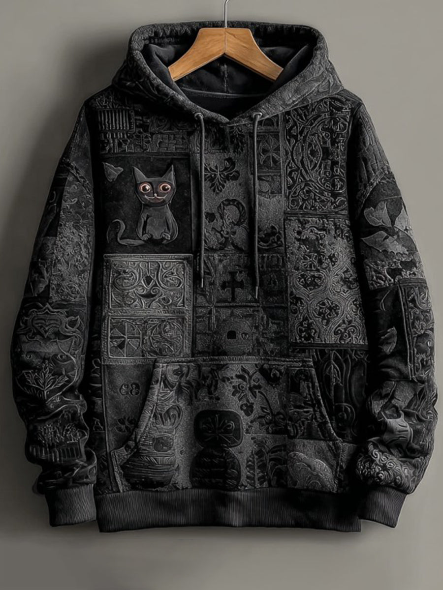 Vintage Halloween Black Cat Print Art Casual Hoodie