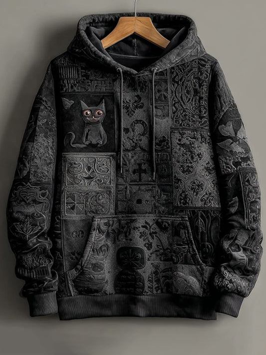Vintage Halloween Black Cat Print Art Casual Hoodie