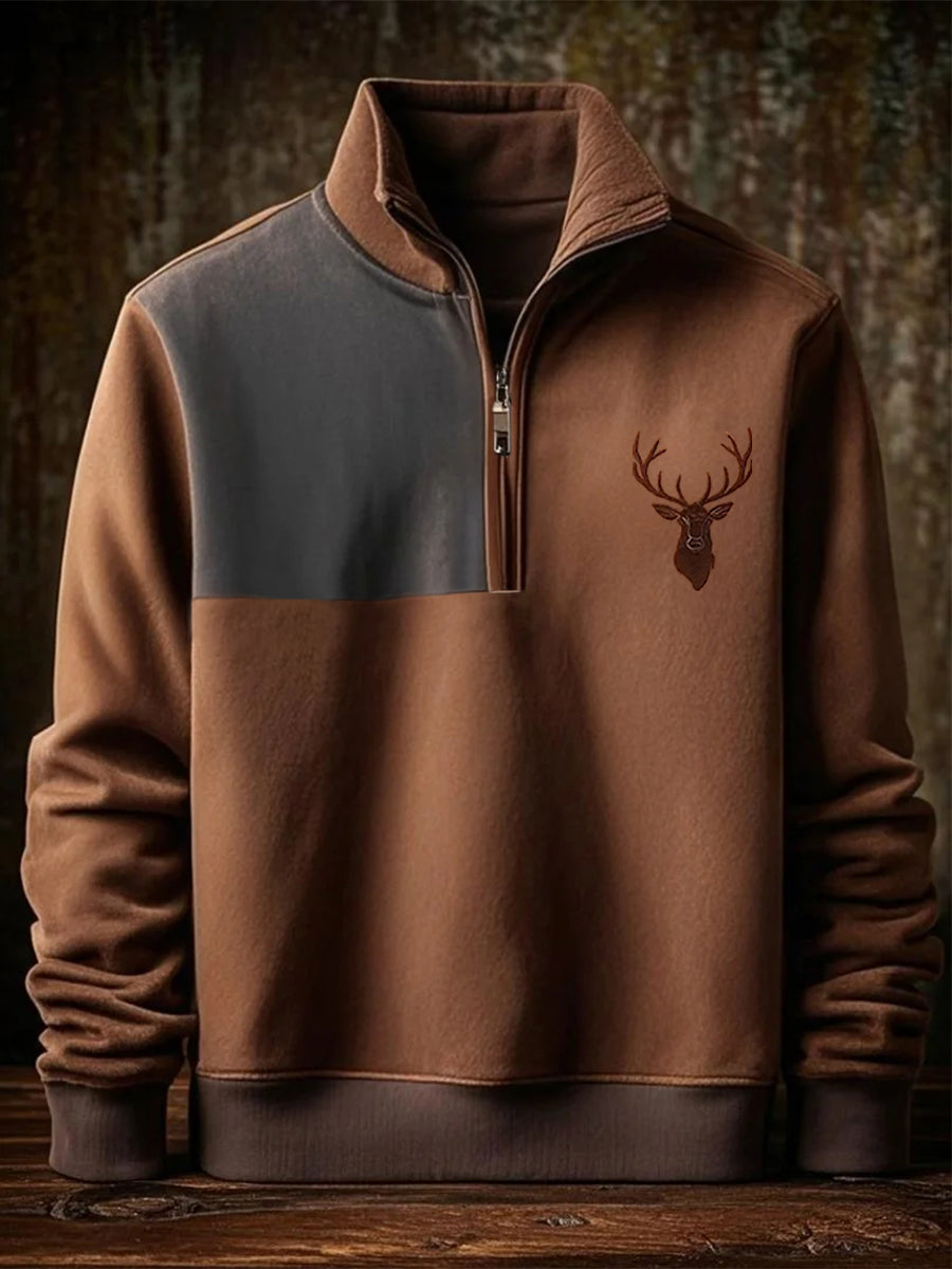 Men's Retro Western Deer Antler Print Casual Zipper Sweatshirt