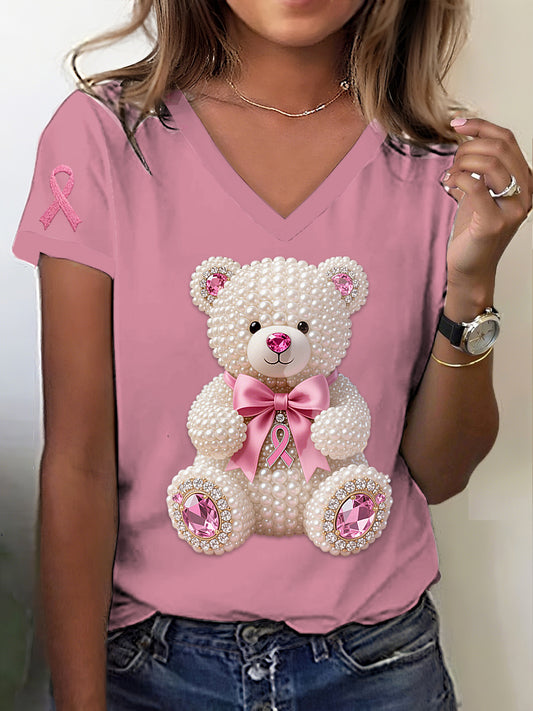 Retro Breast Cancer Pearl Diamond Cute Bear Print V-Neck Short Sleeve T-Shirt