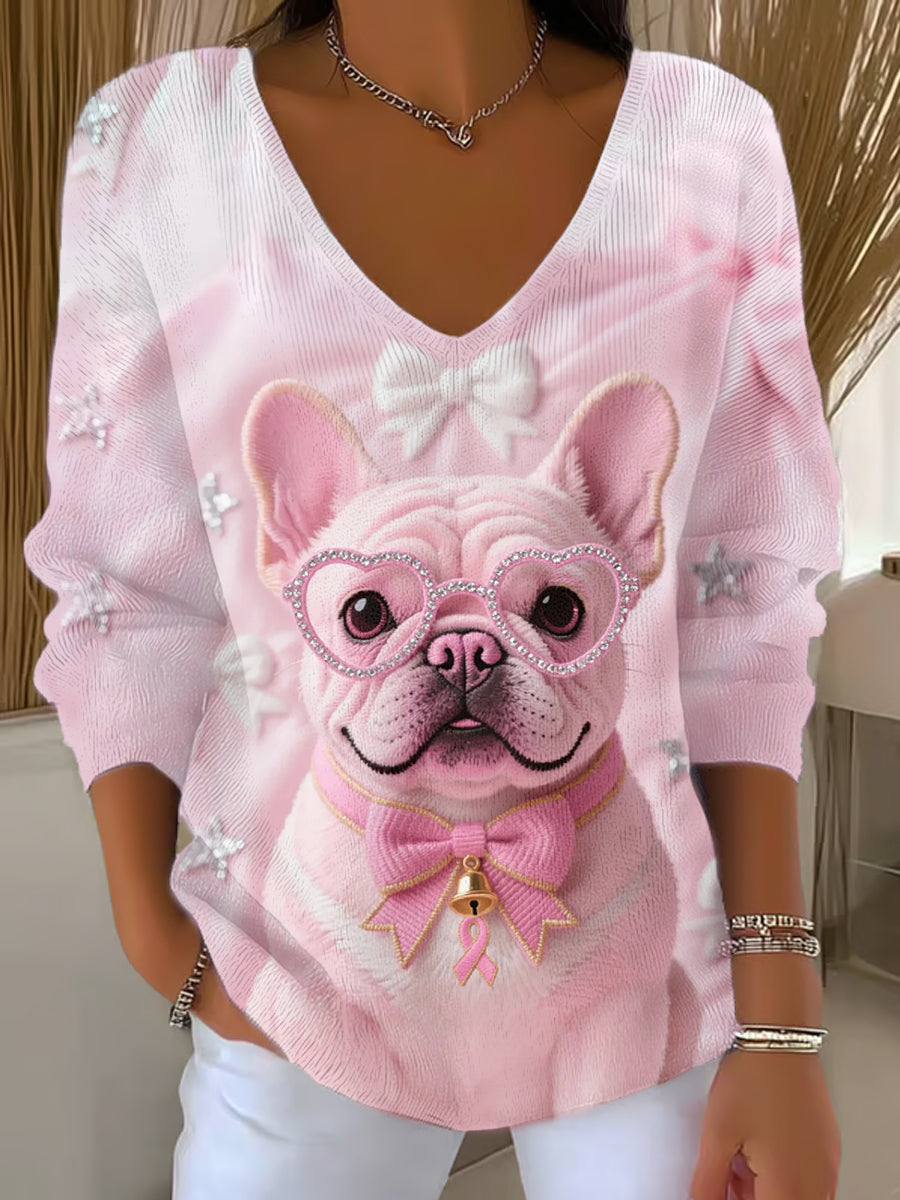 Women's Pink Dog Pink Ribbon Breast Cancer Awareness Support Long-Sleeve Top
