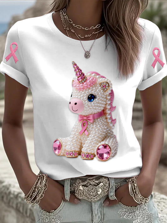 Retro Breast Cancer Pearl Diamond Pony Print Short Sleeve T-Shirt