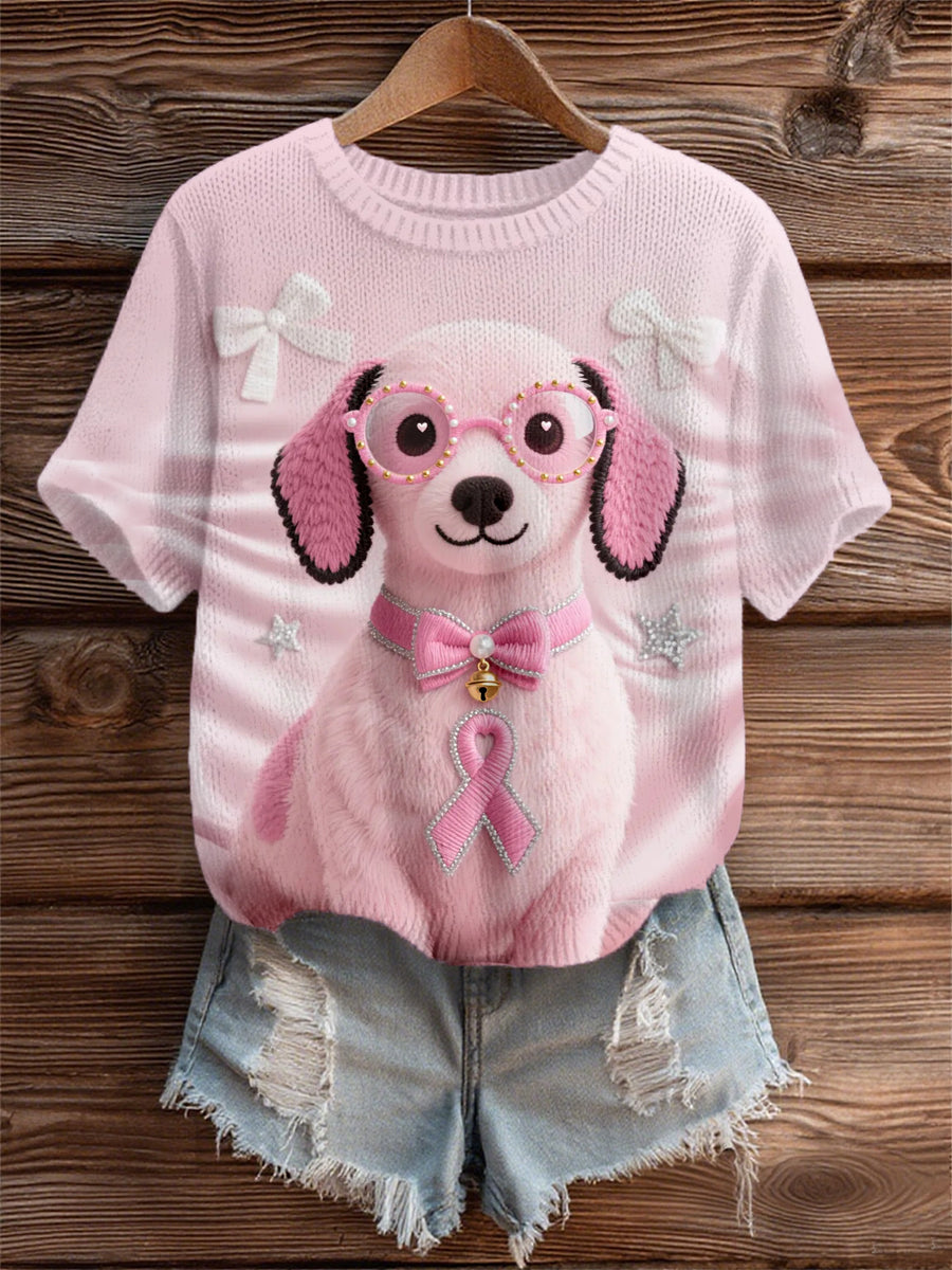 Women's Pink Dog Pink Ribbon Breast Cancer Awareness Support Tee