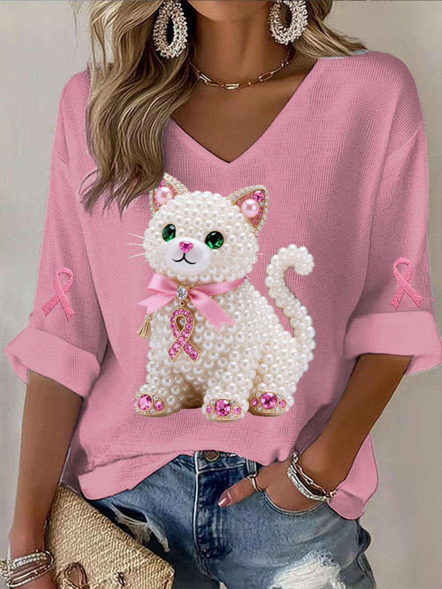 Retro Breast Cancer Pearl Diamond Cute Kitty Print Casual Cotton Waffle Long Sleeve T-Shirt