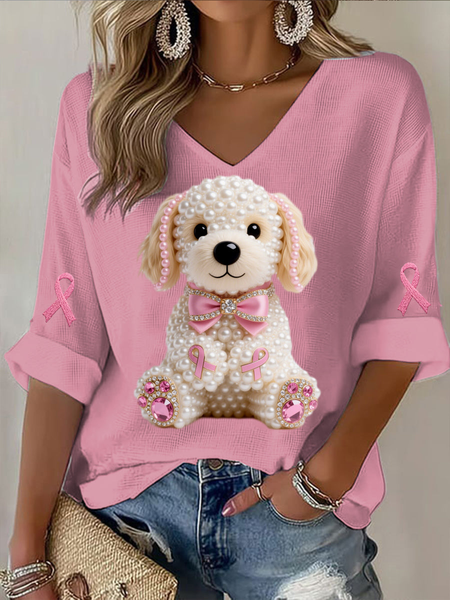 Retro Breast Cancer Pearl Diamond Cute Puppy Print Casual Cotton Waffle Long Sleeve T-Shirt