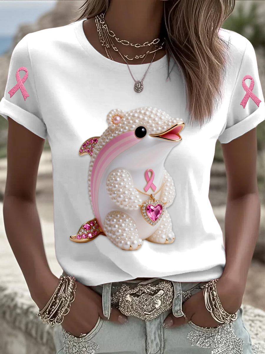 Retro Breast Cancer Pearl Diamond Dolphin Print Short Sleeve T-Shirt
