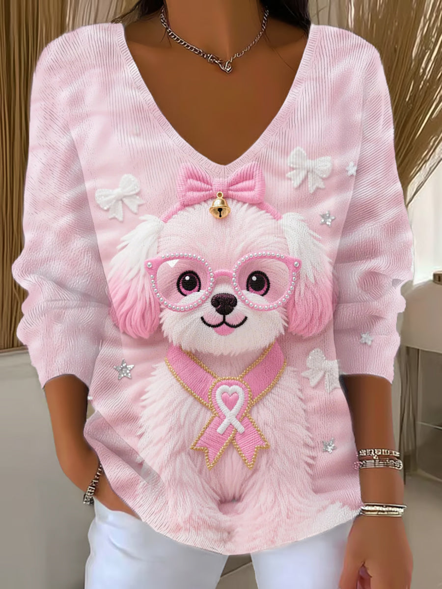 Women's Pink Dog Pink Ribbon Breast Cancer Awareness Support Long-Sleeve Top