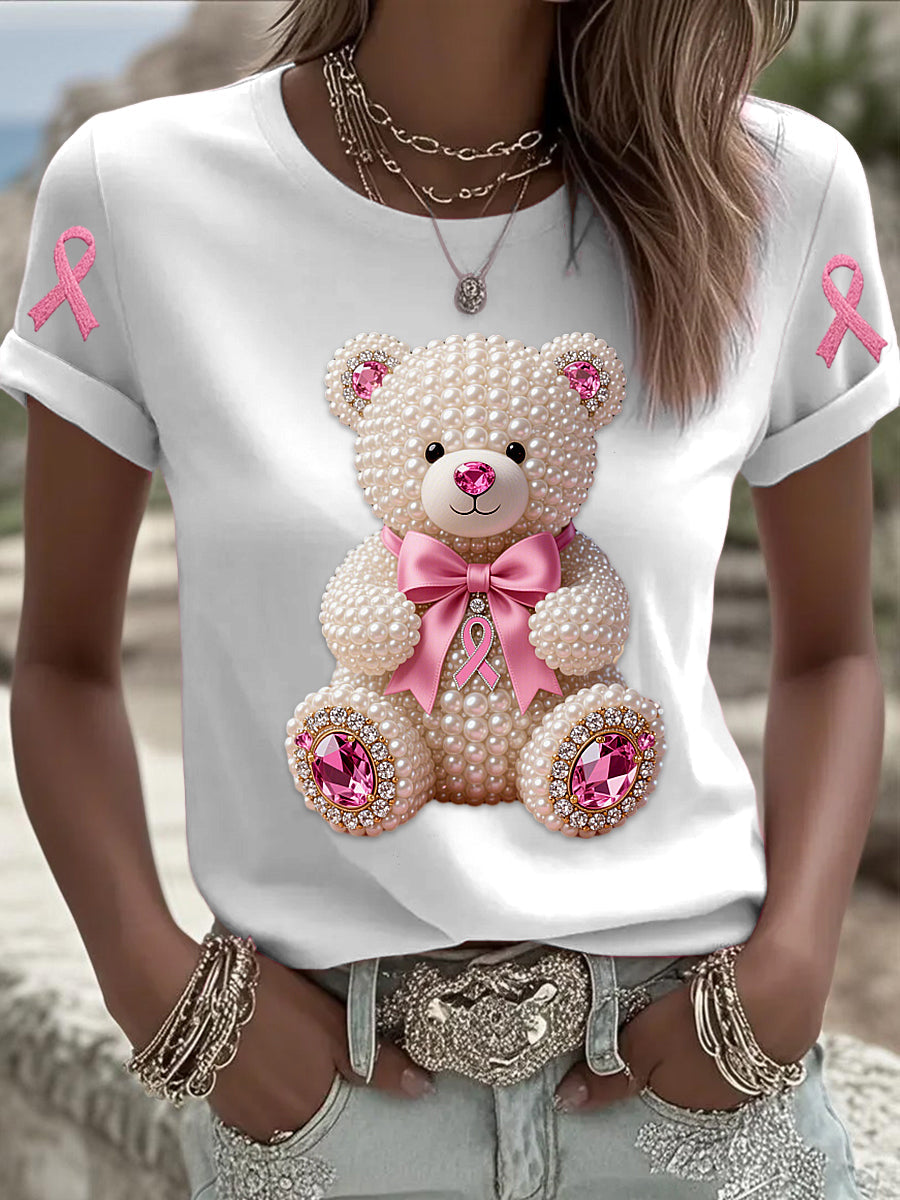 Retro Breast Cancer Pearl Bow Bear Print Short Sleeve T-Shirt