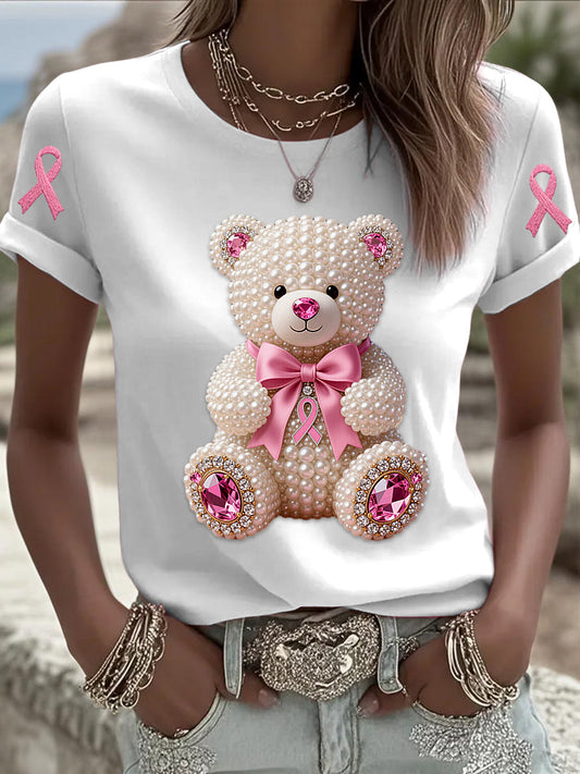Retro Breast Cancer Pearl Bow Bear Print Short Sleeve T-Shirt