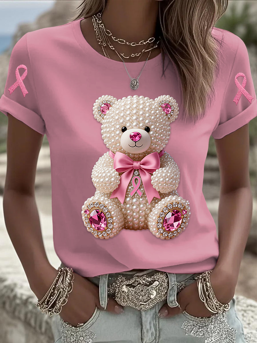 Retro Breast Cancer Pearl Bow Bear Print Short Sleeve T-Shirt