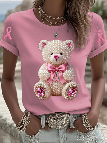 Retro Breast Cancer Pearl Bow Bear Print Short Sleeve T-Shirt