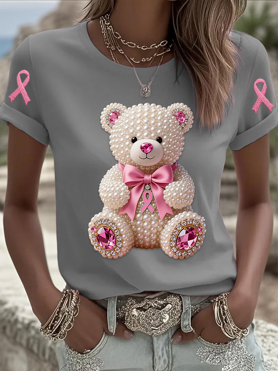 Retro Breast Cancer Pearl Bow Bear Print Short Sleeve T-Shirt
