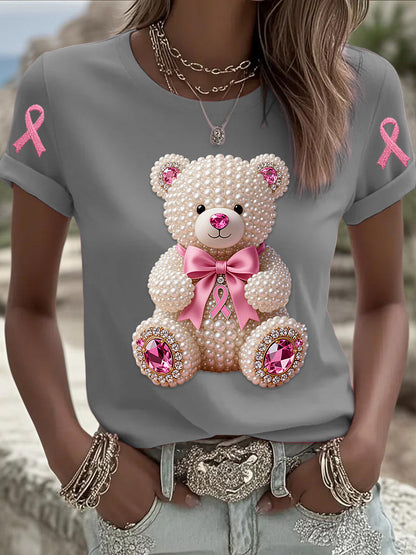 Retro Breast Cancer Pearl Bow Bear Print Short Sleeve T-Shirt