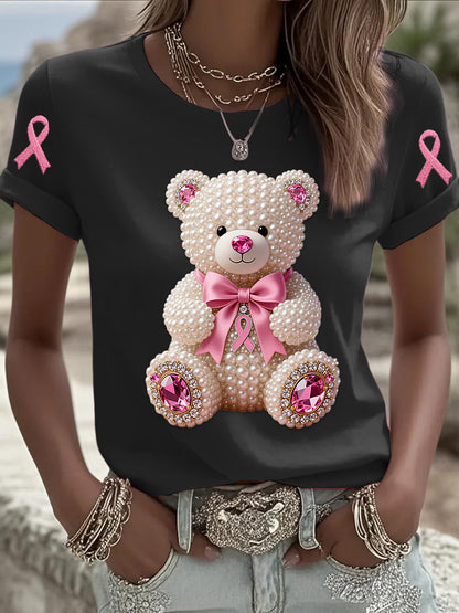 Retro Breast Cancer Pearl Bow Bear Print Short Sleeve T-Shirt