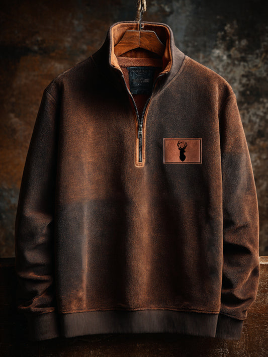 Men's Retro Western Deer Antlers Print Casual Zipper Sweatshirt