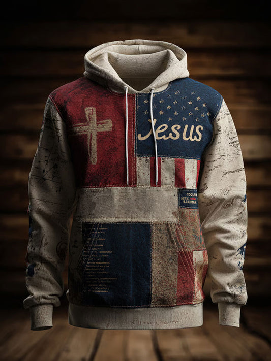 Men's Retro Casual Faith Cross Art Print Oversized Drop-Shoulder Pockets Hoodie
